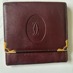 Cartier- Authentic 🍀 Burgundy Leather Mini Wallet/Pouch with Gold-Tone Corners